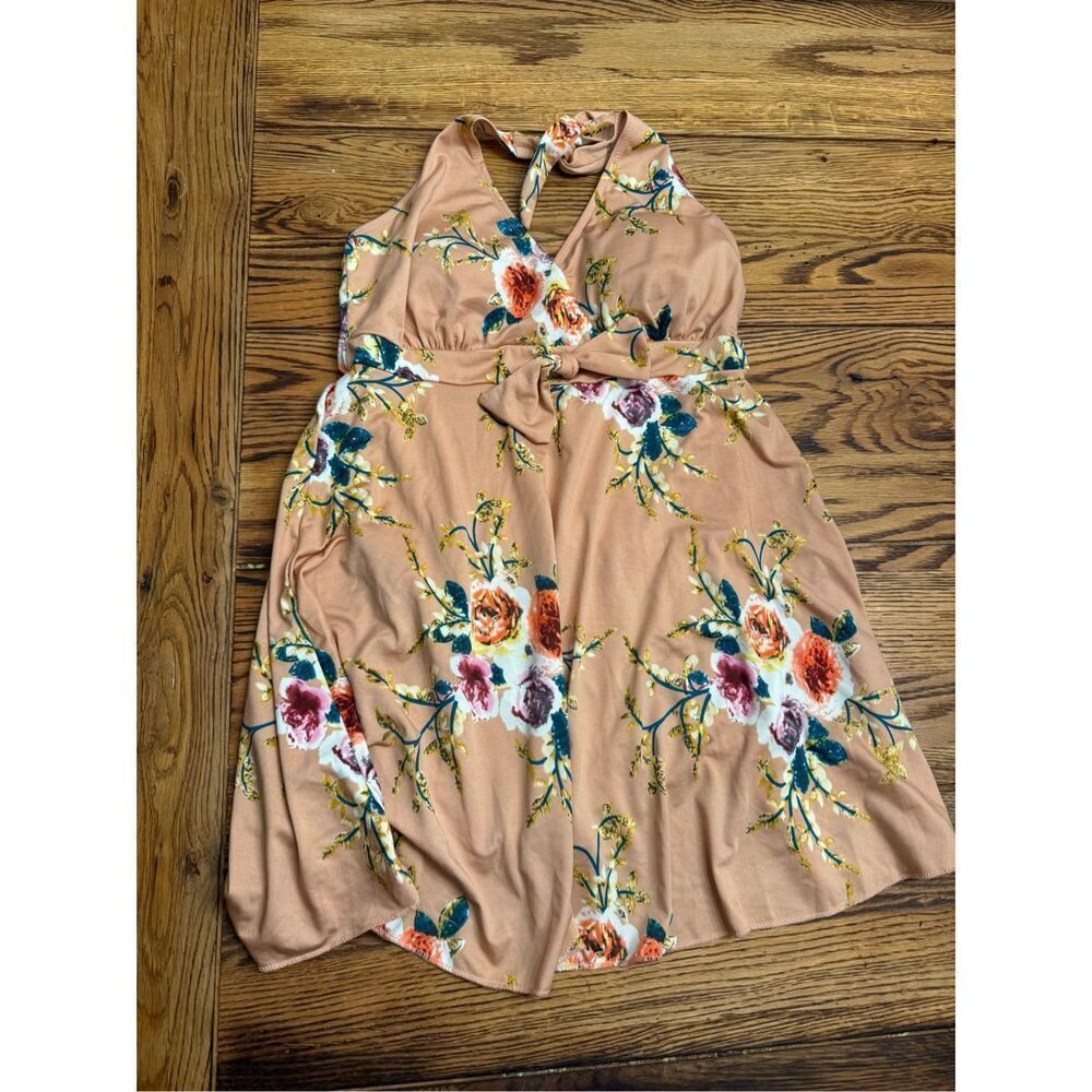 Buzz Brown Floral Print Sleeveless Halter Neck Swimwear Wrap Dress Size Large